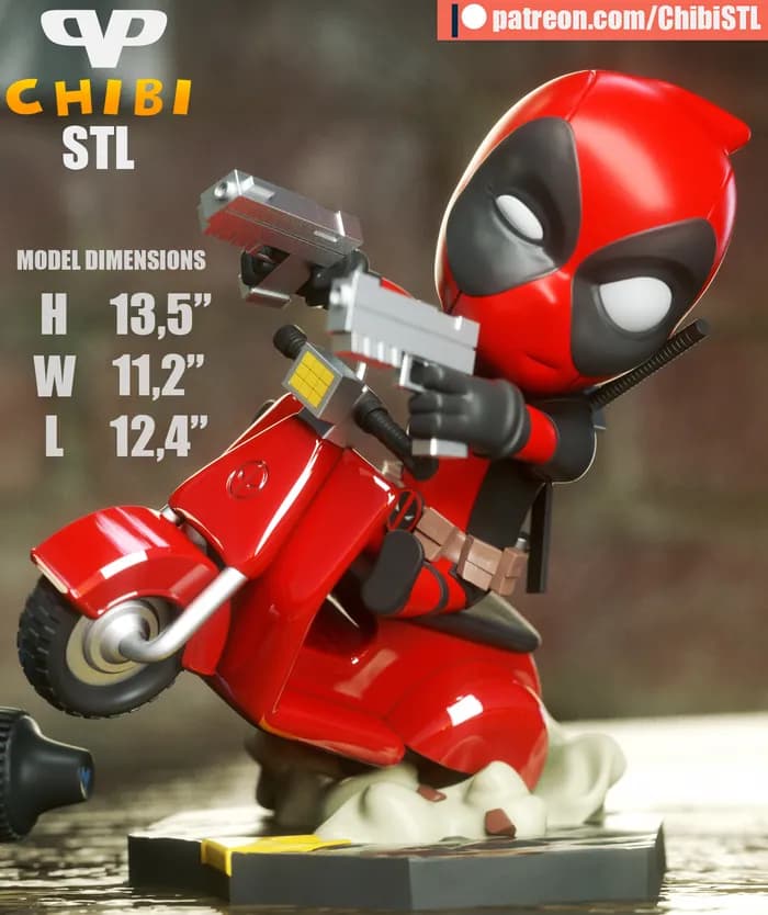 STL - deadpool on vespa chibi