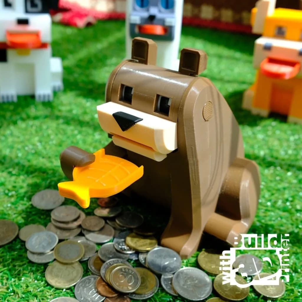 STL - Banco de monedas de oso con pez