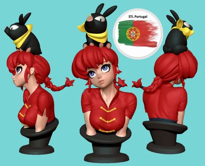 STL - Busto de Ranma Saotome y P chan render 2