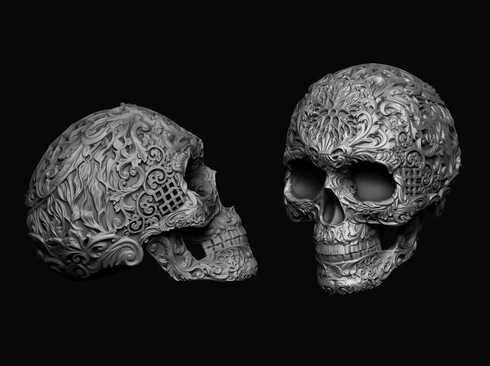 STL - Calavera Ornamental Detallada render 2