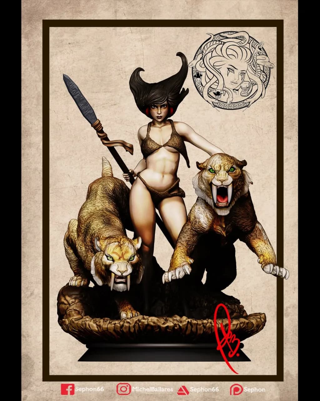 STL - cazadora prehistorica con felinos
