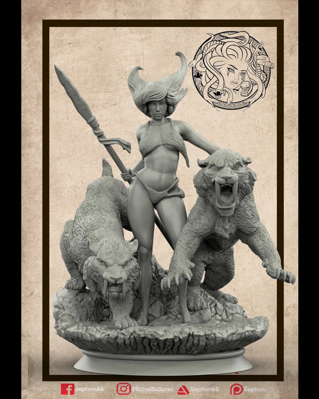 STL - cazadora prehistorica con felinos render 3