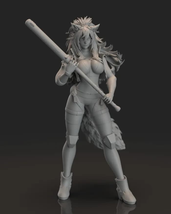 STL - cyberpunk wolf girl remesh&parts render 2