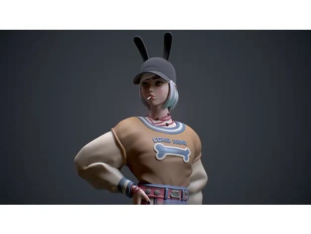 STL - Figura de chica con gorra y hueso render 2