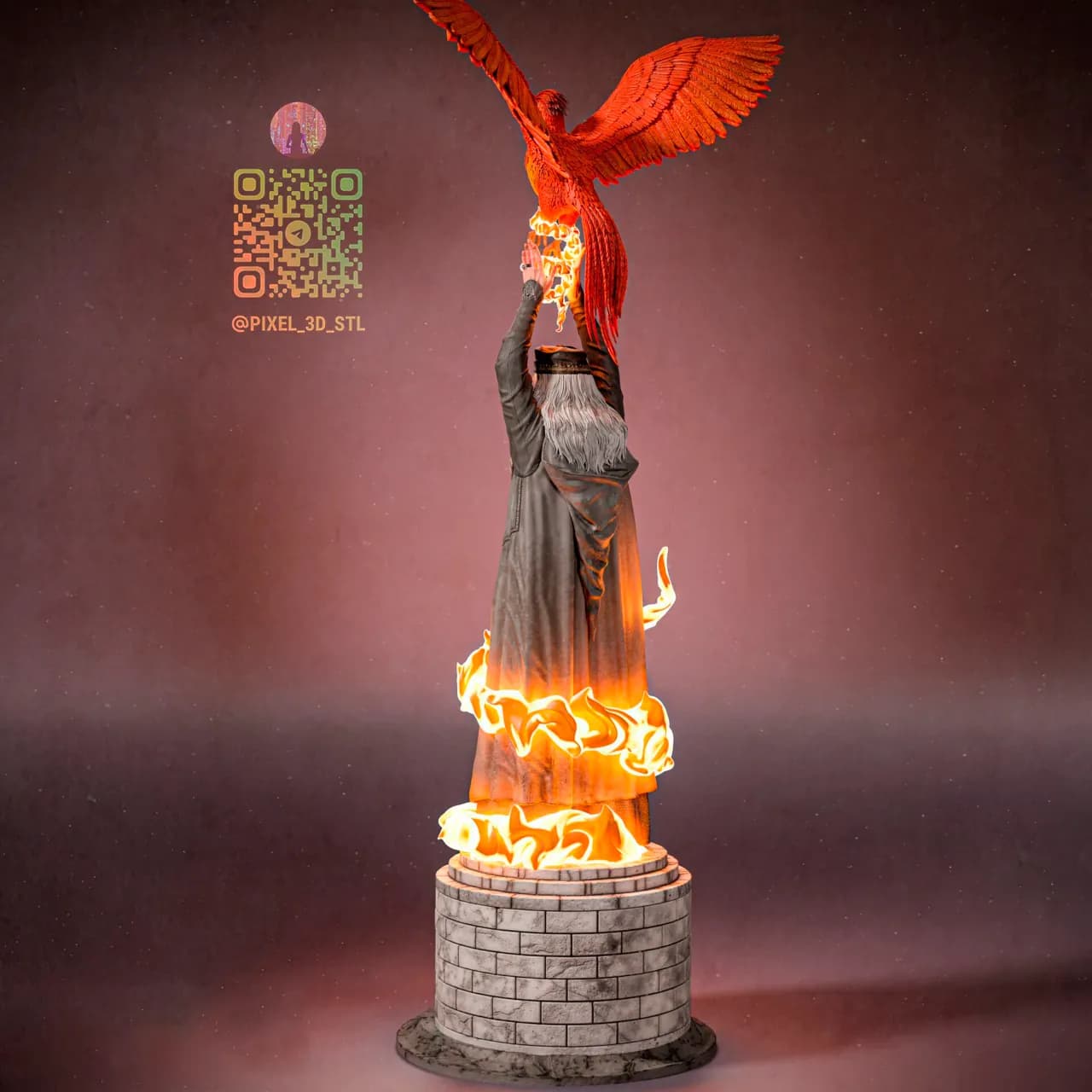 STL - figura de mago con ave fénix render 4