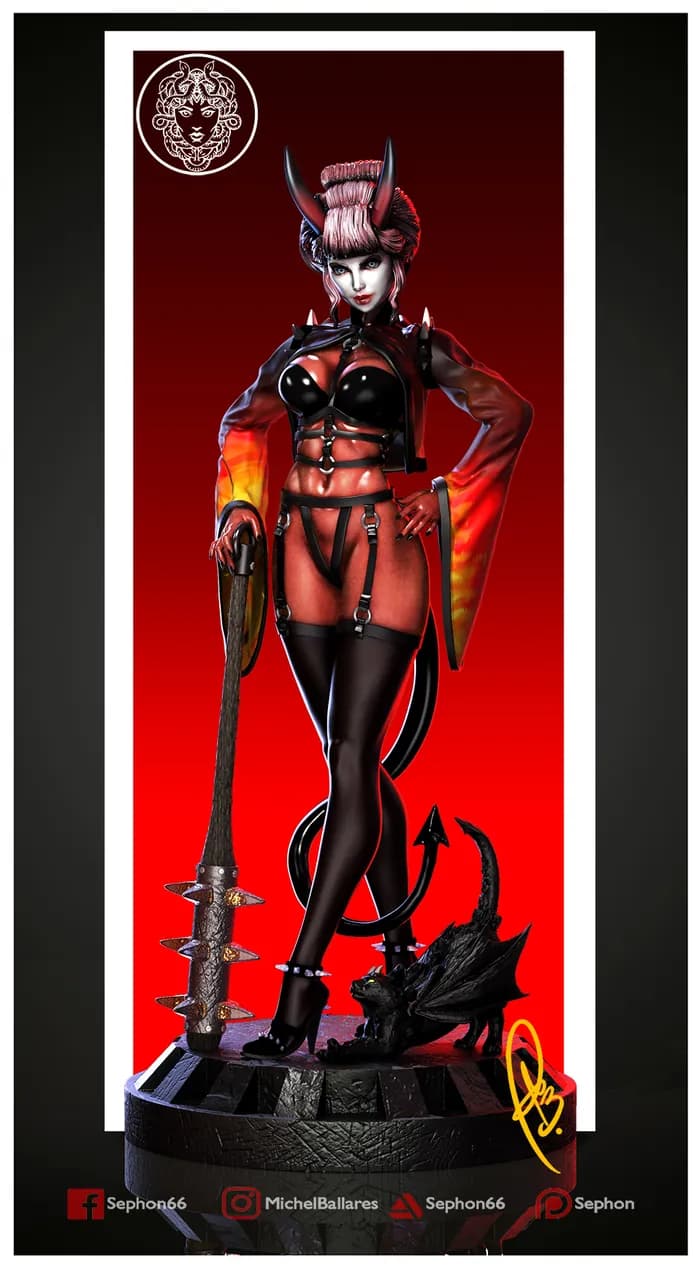 STL - Figura demoníaca con cuernos render 2