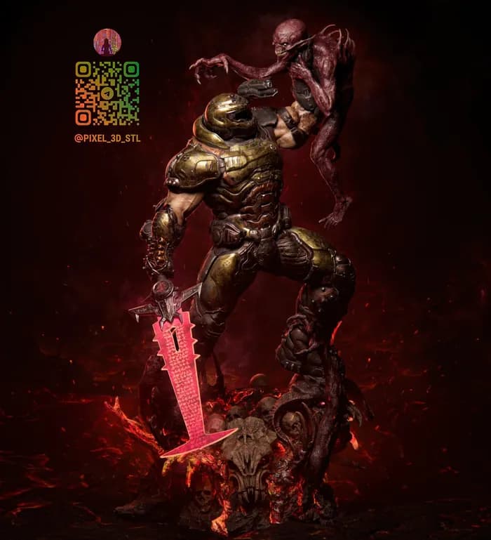 STL - figura Doom Slayer en combate render 2