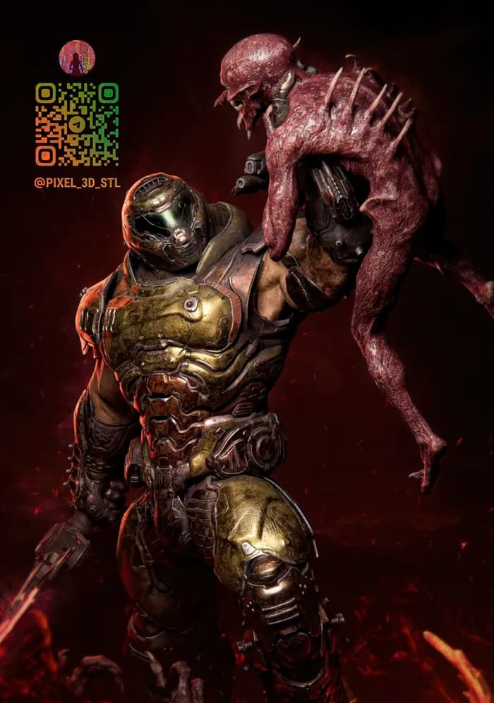 STL - figura Doom Slayer en combate render 3