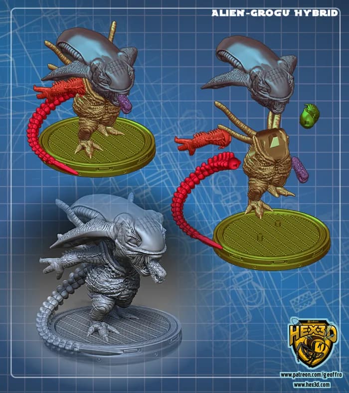 STL - Figura Híbrida Xenomorfo Grogu render 2