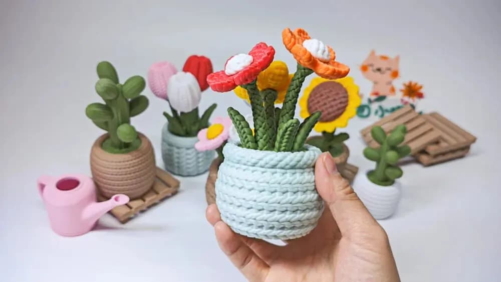 STL - Flores de ganchillo en maceta render 2