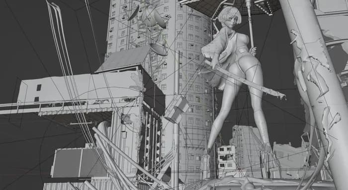 STL - Guerrera Cyberpunk bajo la Lluvia render 2