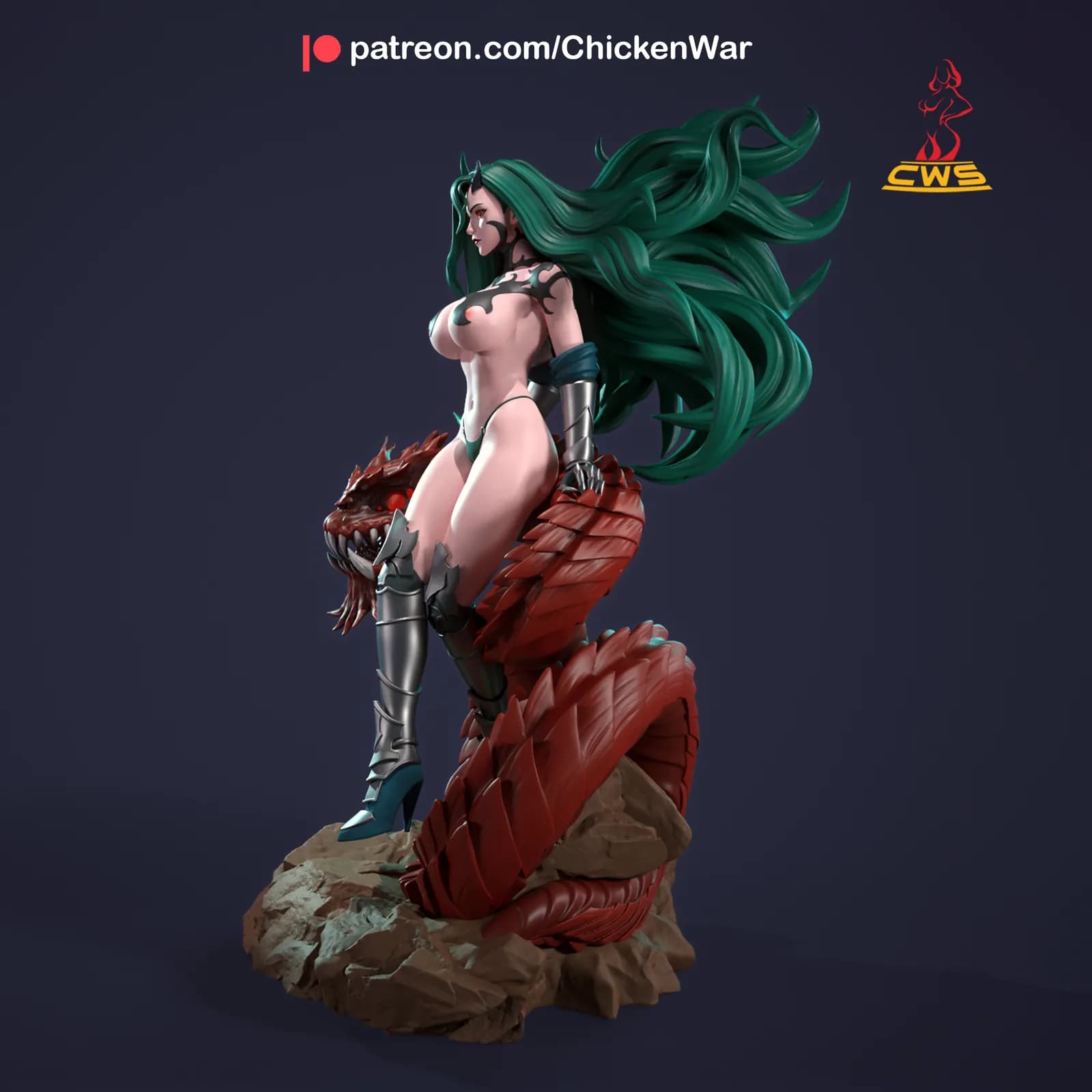 STL - Guerrera Querehsha con dragón render 3