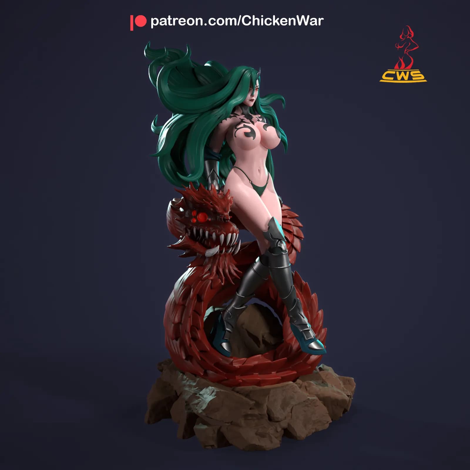 STL - Guerrera Querehsha con dragón render 4