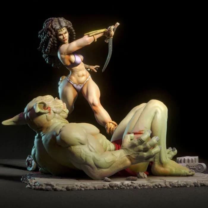 STL - Heroína guerrera contra monstruo render 5