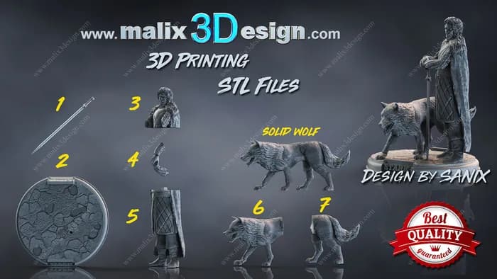 STL - Jon Snow y lobo Stark render 3
