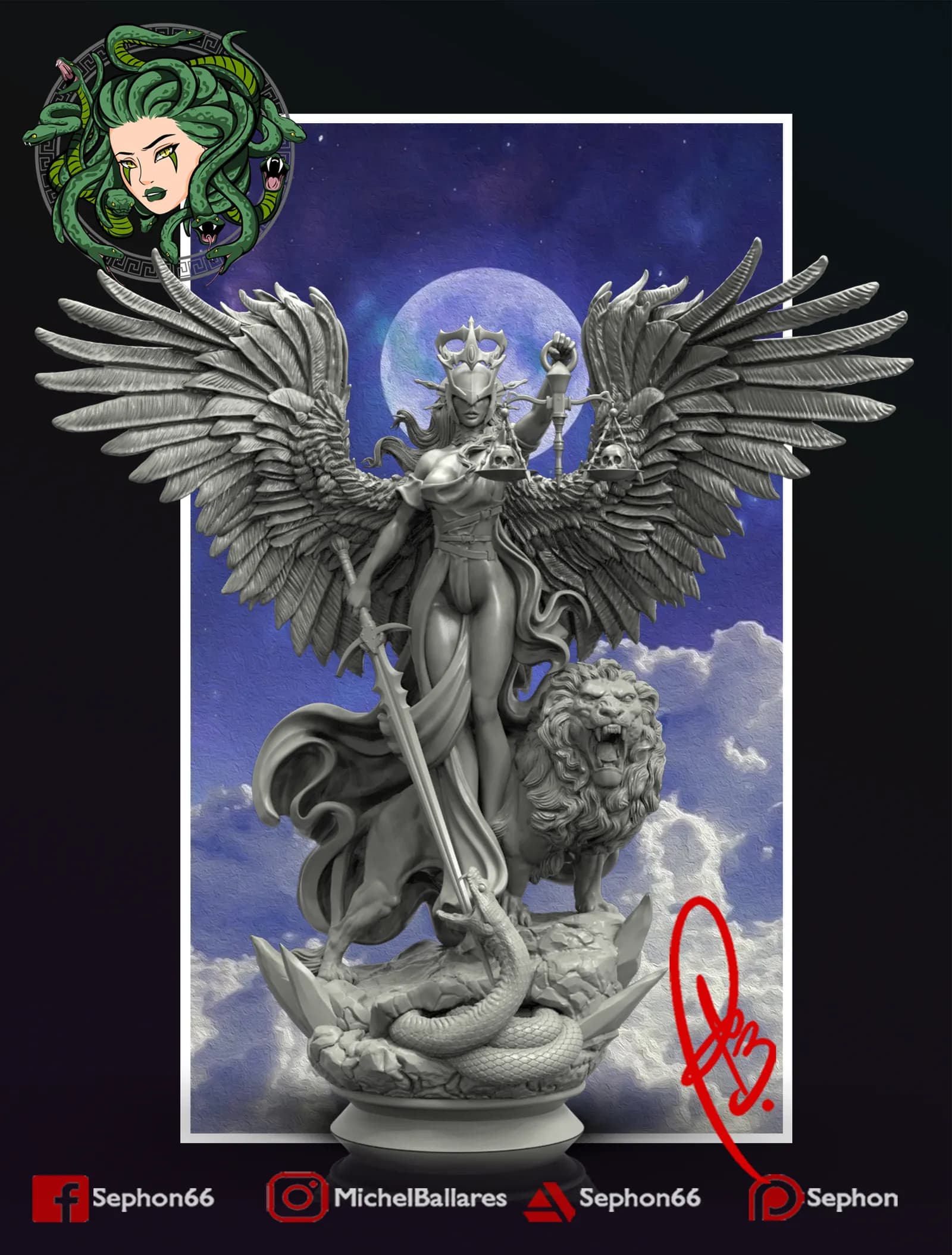 STL - Justicia con alas y león render 3