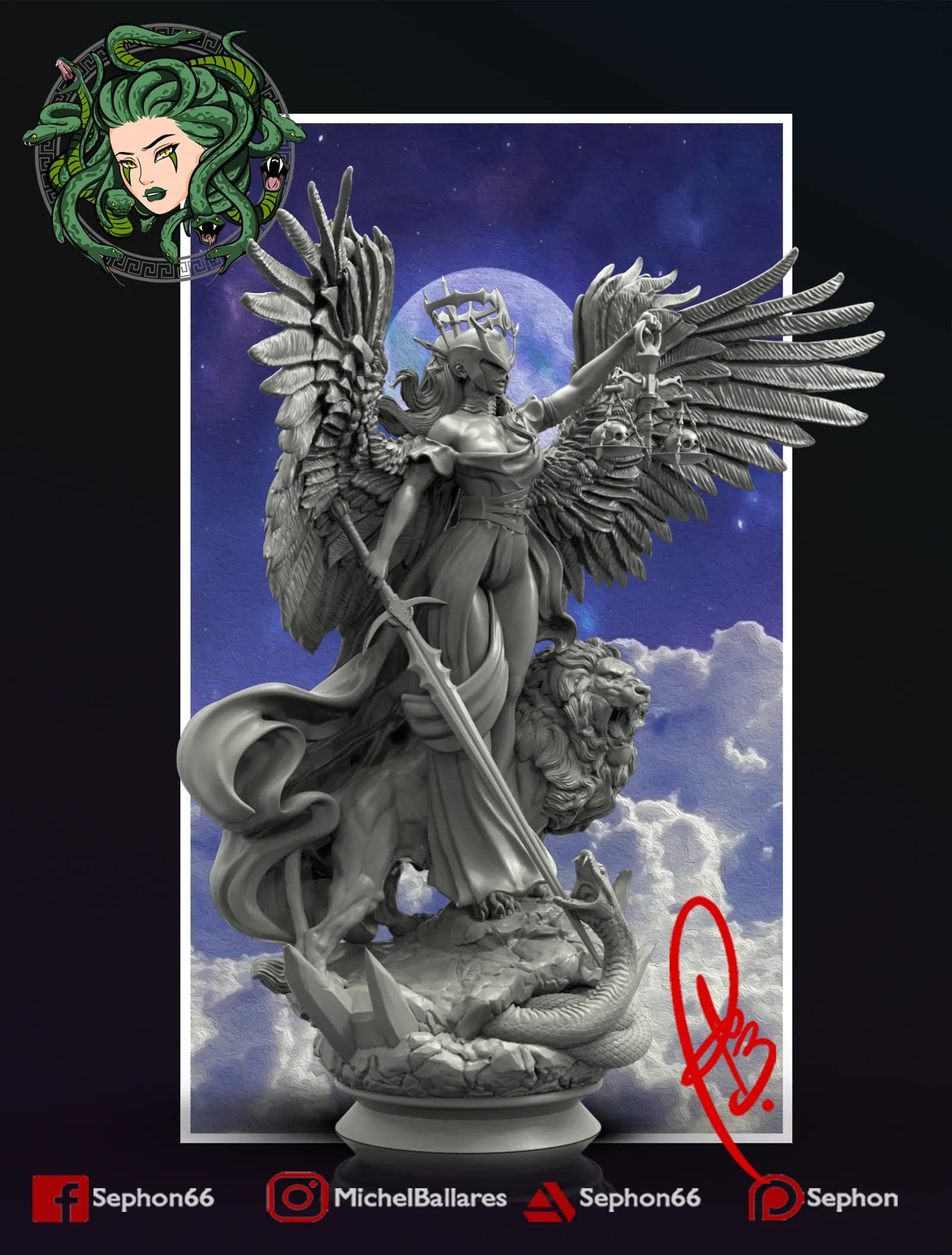 STL - Justicia con alas y león render 4