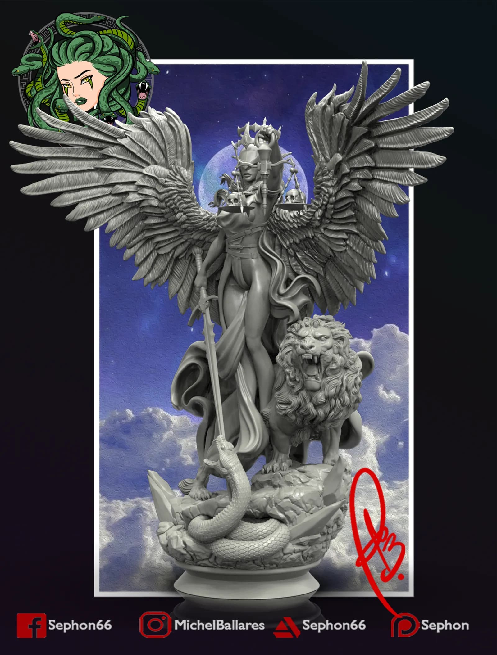 STL - Justicia con alas y león render 5