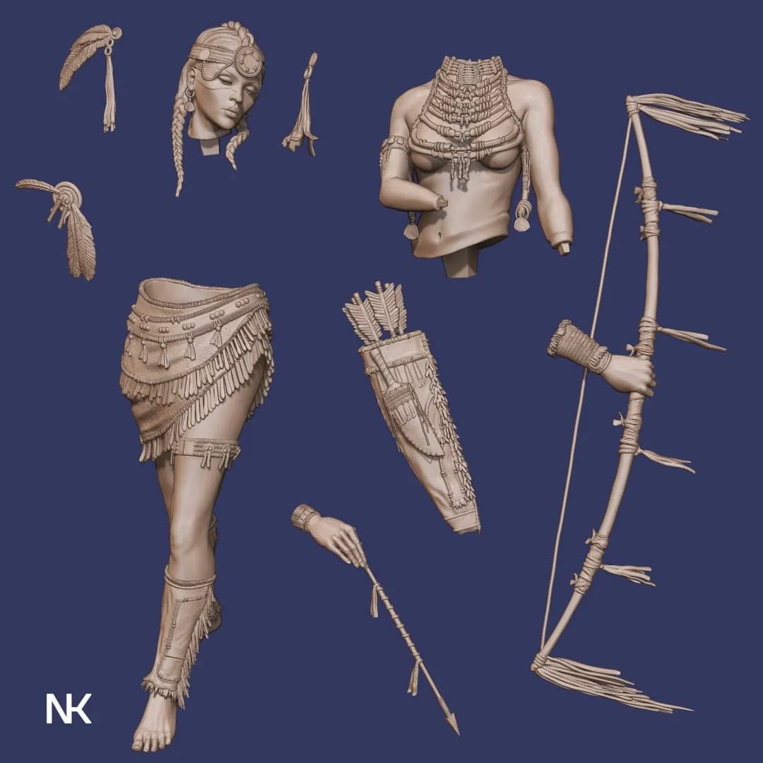 STL - Kora guerrera tribal con arco render 2