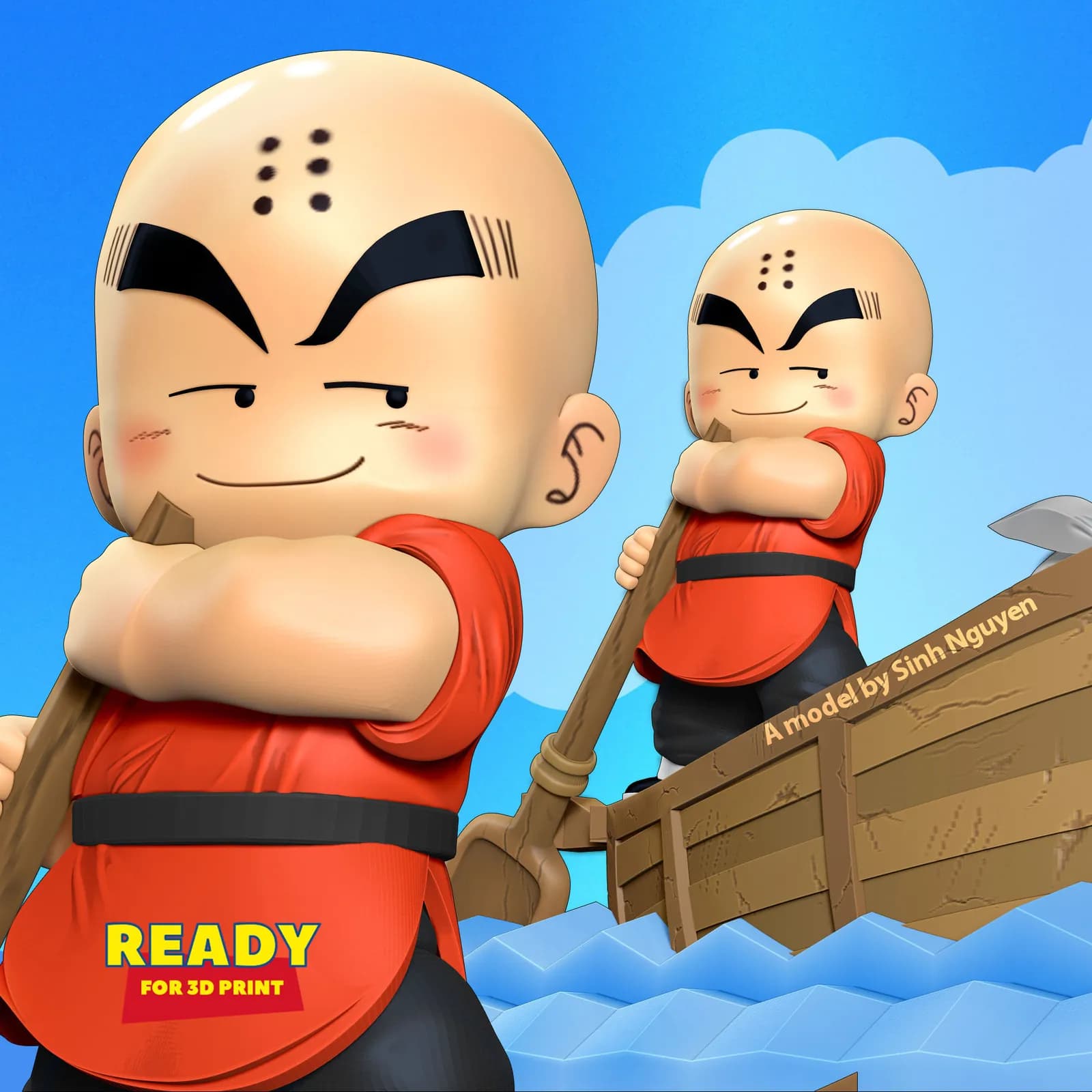 STL - Krillin en bote remando render 4