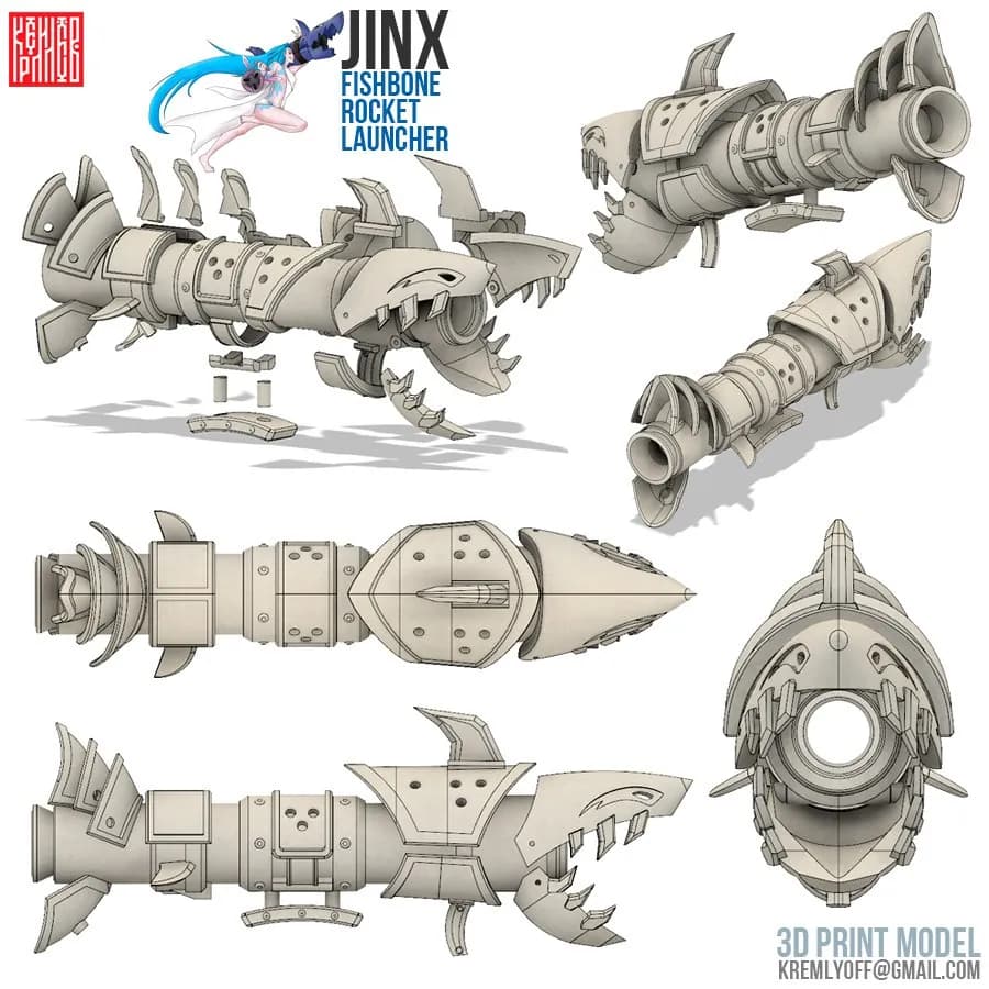STL - Lanzacohetes Fishbone de Jinx render 2