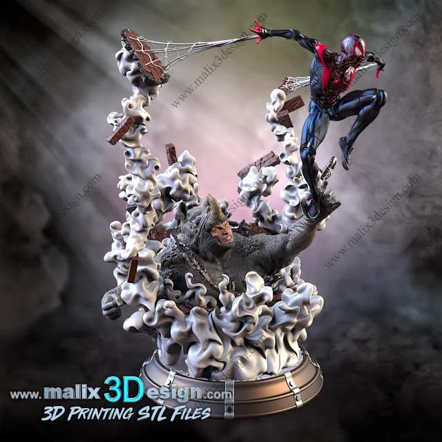 STL - Miles Morales Spider Man vs Rhino render 3