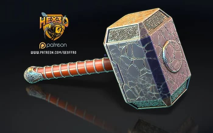 STL - Mjolnir con efectos agrietados render 2
