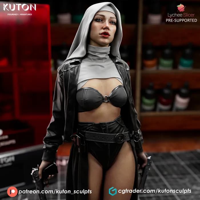 STL - Monja Guerrera con Pistolas render 2