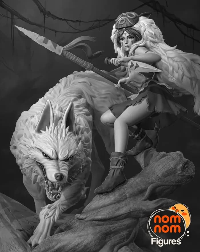 STL - Princesa Mononoke y Lobo Fantasma render 3