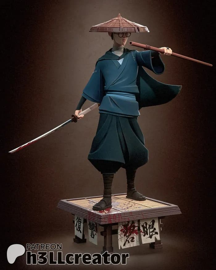 STL - Samurai con Sombrero Cónico render 2