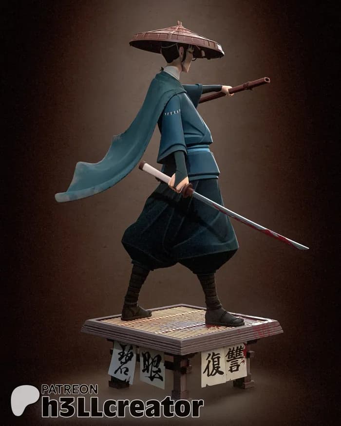 STL - Samurai con Sombrero Cónico render 3