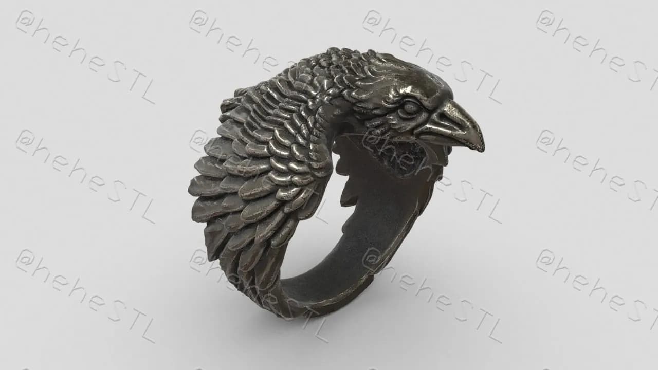 STL - Anillo de bijection con cabeza de cuervo render 1