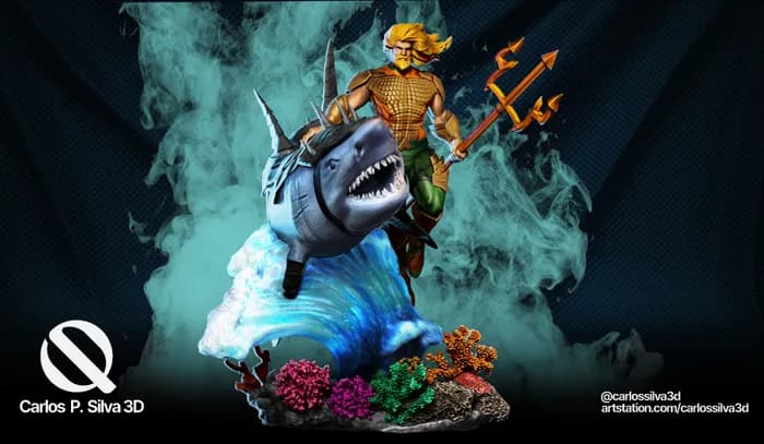 STL - Aquaman montado en tiburón con tridente render 2