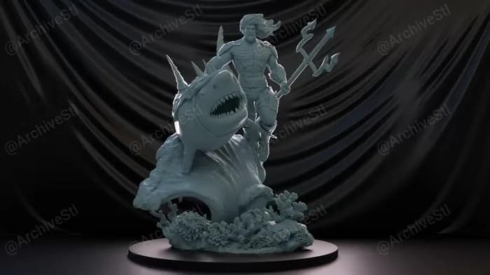 STL - Aquaman montado en tiburón con tridente render 4