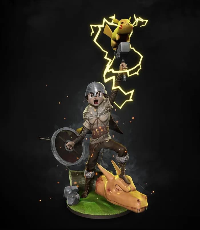 STL - Ash Dios del Trueno con Pikachu y Charizard render 1