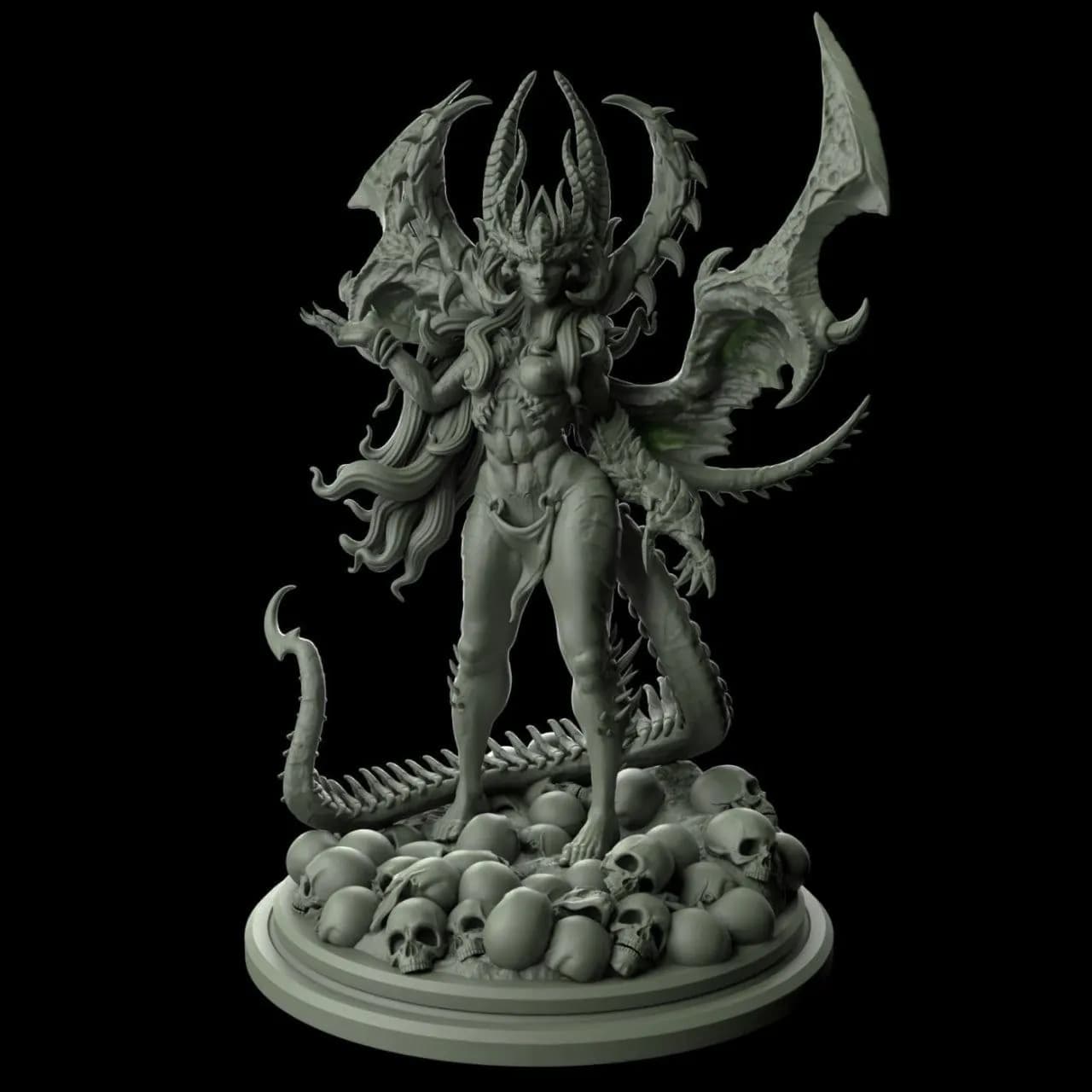 STL - Bruja demoníaca con cuernos y alas render 1