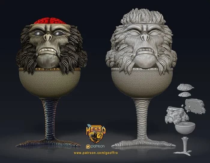 STL - Cabeza de mono con cerebro para copa render 1