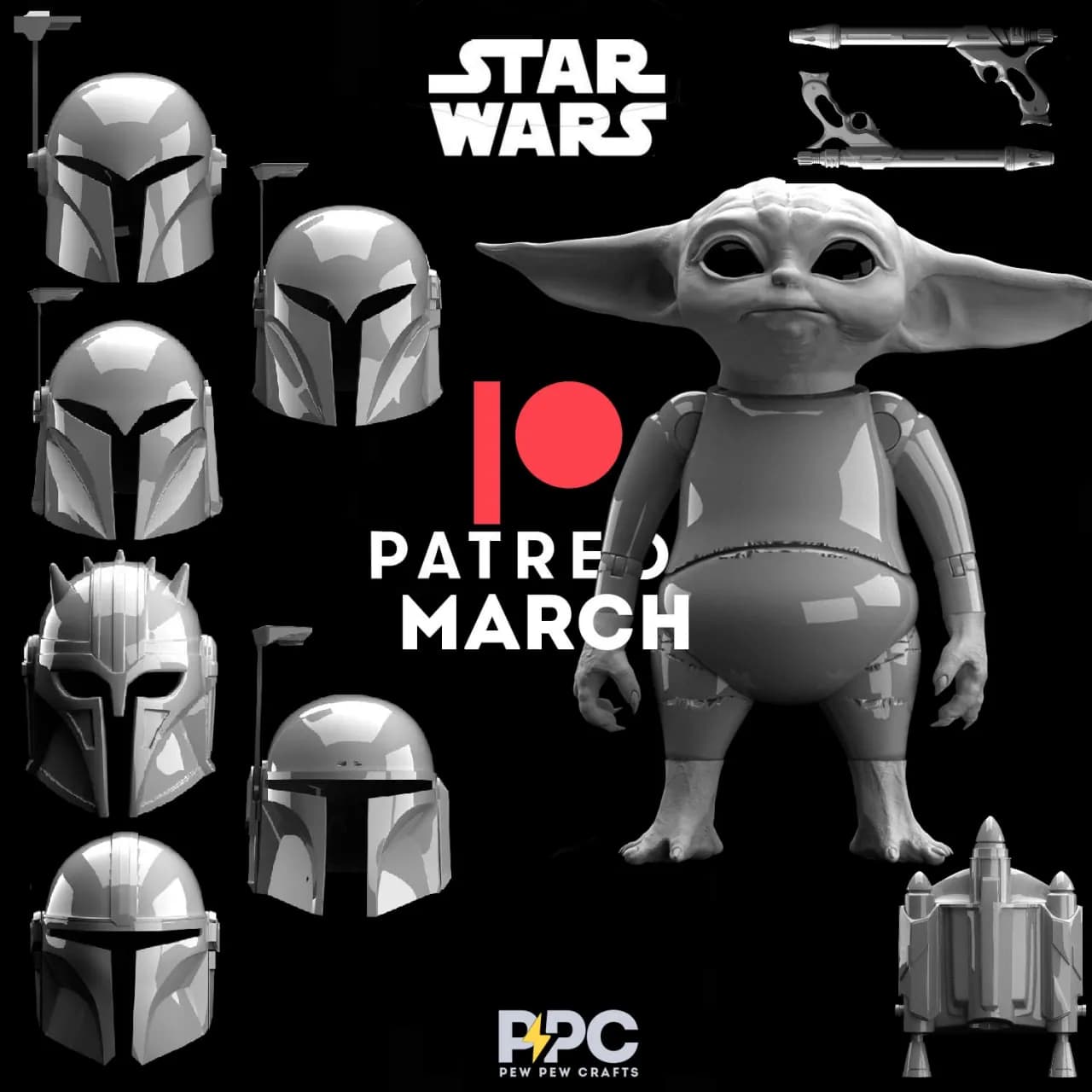 STL - Casco mandaloriano y figura de Grogu render 1