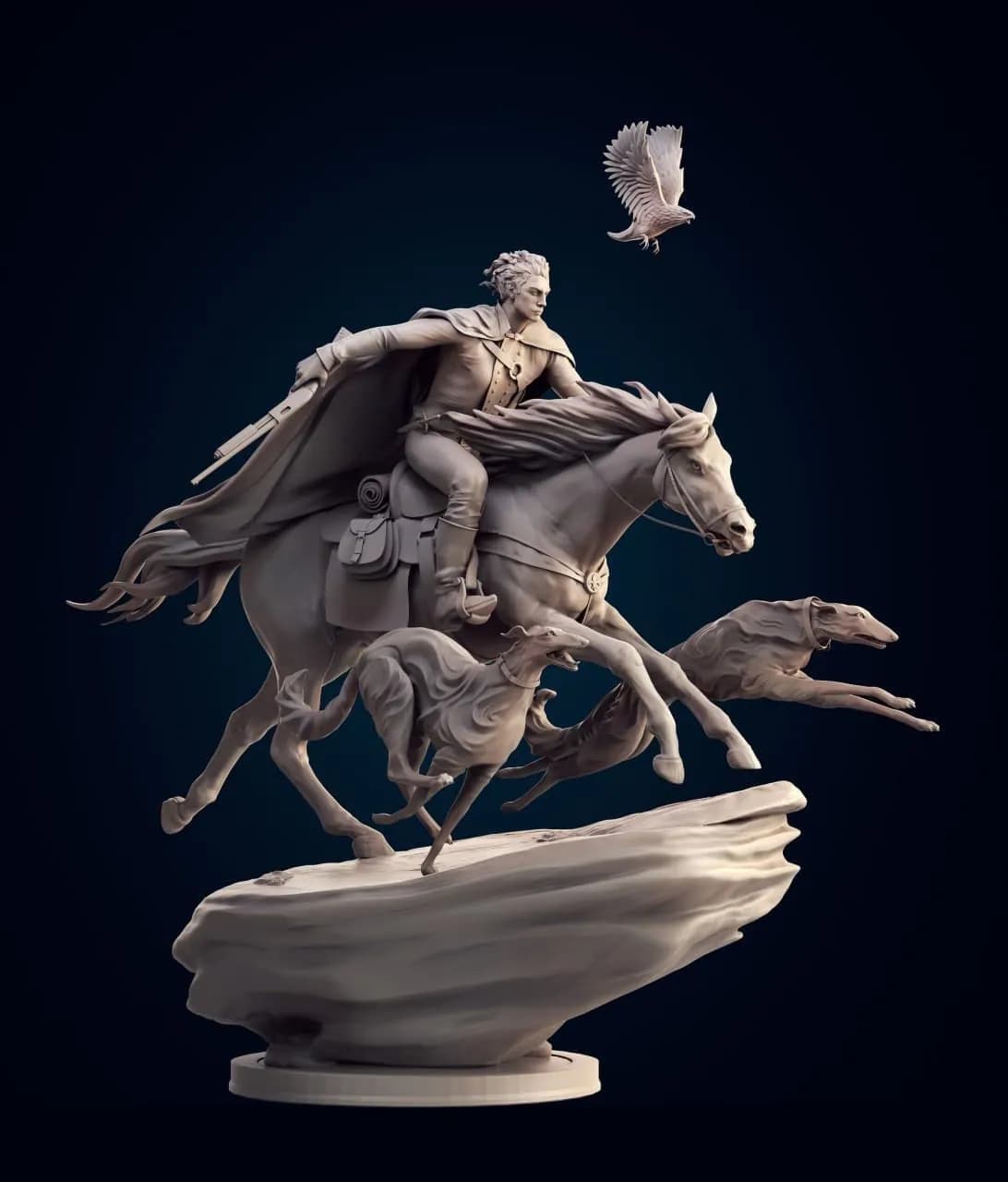 STL - Cazador a caballo con perros y águila render 1