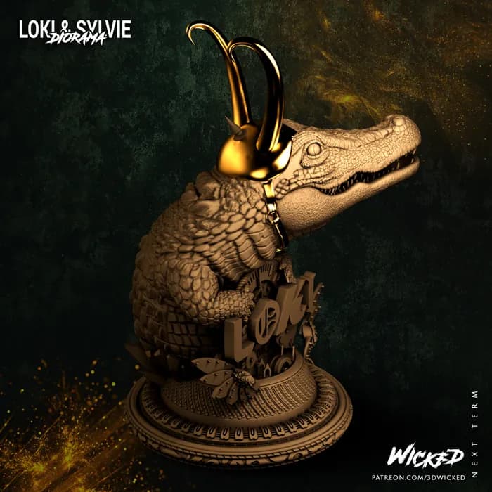 STL - Cocodrilo Loki con cuernos dorados render 3