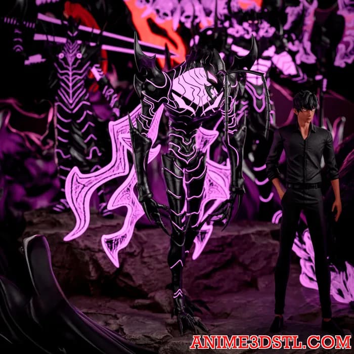 STL - Diorama de Sung Jinwoo y monstruos de Solo Leveling render 2