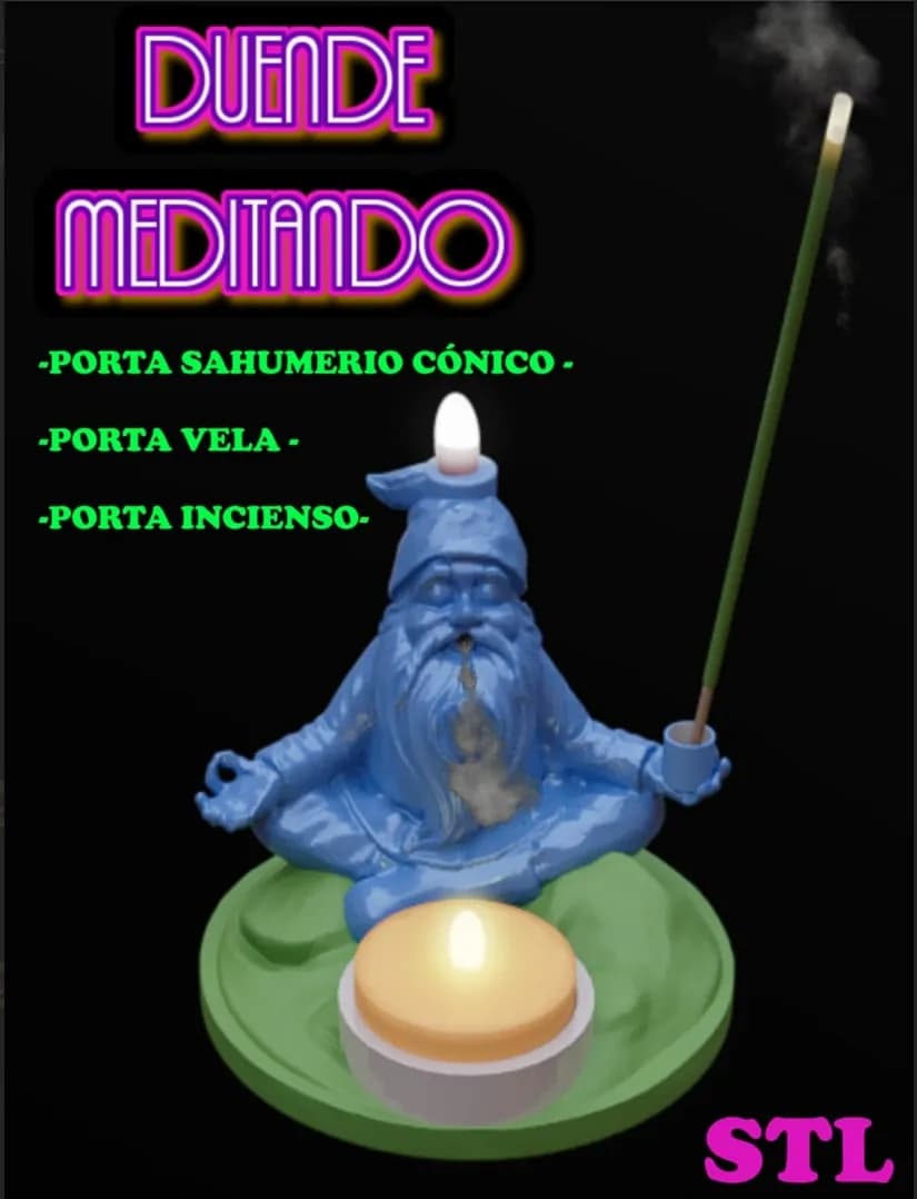 STL - Duende de meditación con porta sahumerio, vela e incienso render 1