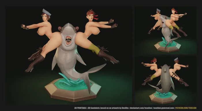 STL - Figura de acción de mujeres con tiburón render 2