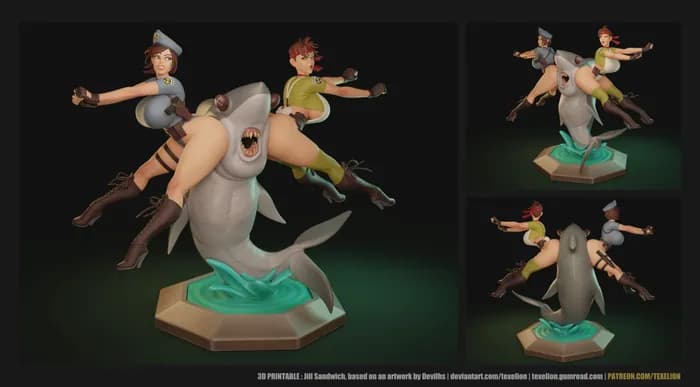 STL - Figura de acción de mujeres con tiburón render 4