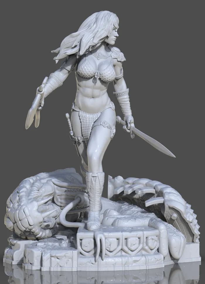 STL - Figura de acción de Red Sonja guerrera con hacha y espada render 2
