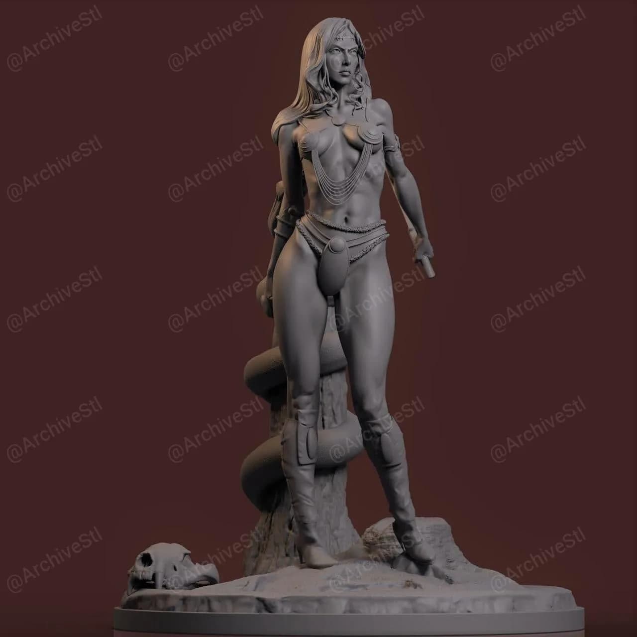 STL - Figura de amazona con serpiente y cráneo render 1
