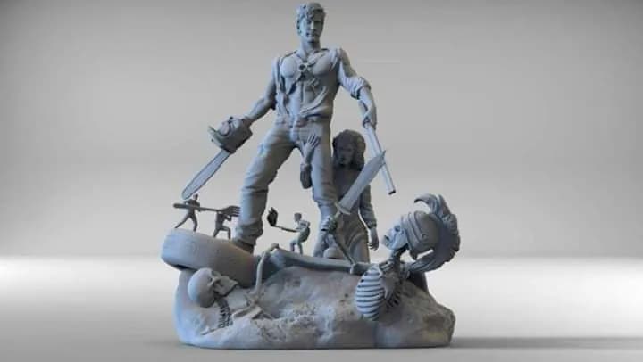 STL - Figura de Ash Williams con motosierra y escopeta render 1