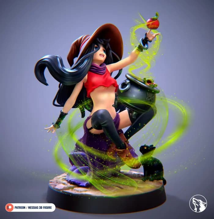 STL - Witch Figure with Cauldron and Black Cat