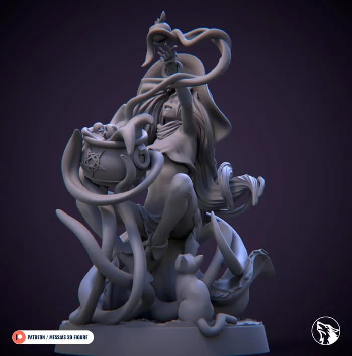 STL - Figura de Bruja con Caldero y Gato Negro render 2