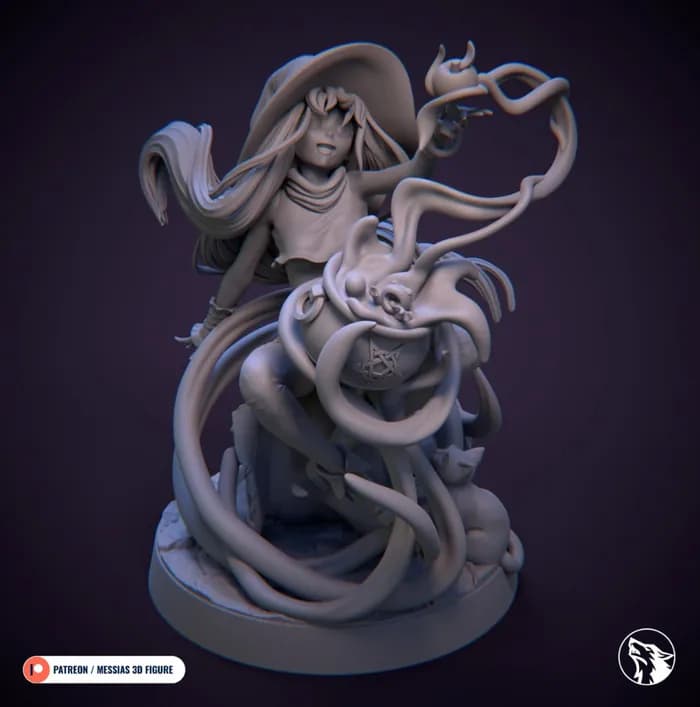 STL - Figura de Bruja con Caldero y Gato Negro render 3